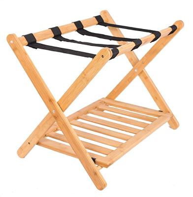 China 2 Tier Collapsible Bamboo Luggage Rack Suitcase Folding Rack With Shoe Shelf For Hotel Home for sale