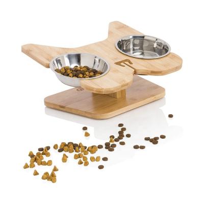 China Sustainable Raised Dog and Cat Bamboo Pet Feeder Tray Raised Bowl Rack with 2 Stainless Steel Bowls for sale