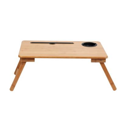 China Adjustable Portable Bamboo Desk Tray Multifunctional Table With Card Breakfast Serving Bed (Height) Slot and Cup Holder for sale