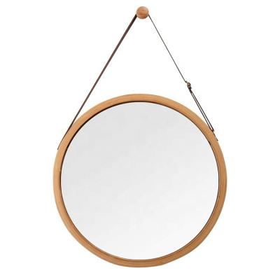 China Samll Quantity Stocked Bathroom Bedroom Solid Bamboo Mirror Adjustable Leather Strap Acceptable Wholesale Hanging Round Wall Mirror for sale