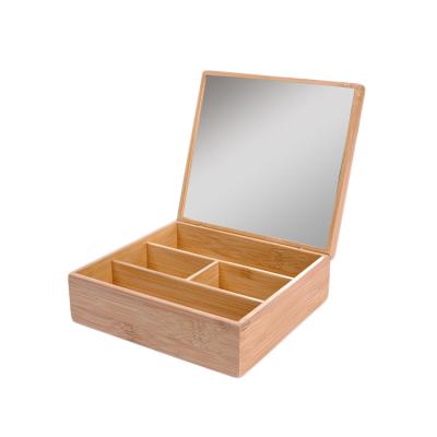 China Samll Quantity Acceptable New Style Refillable Square Or Round Bamboo Portable Mirror Makeup Storage Storage Catcher Frame for sale