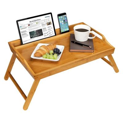 China Other Foldable Breakfast Table Laptop Desk Bed Table Serving Tray Bamboo Bed Tray with Phone Holder Folding Legs and Handles for sale