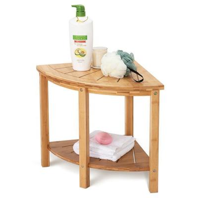 China EUROPEAN High Quality Wooden Shower Stool Bench Bathroom 2 Row Corner Bamboo Shelf For Shampoo for sale