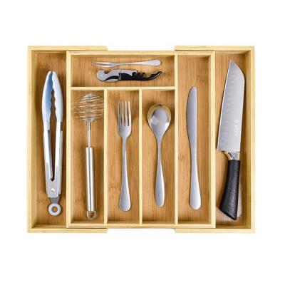 China Viable Kitchen Knife Set Bamboo Wooden Adjustable Holder with Expandable Cutlery Tray Drawer Organizer for sale