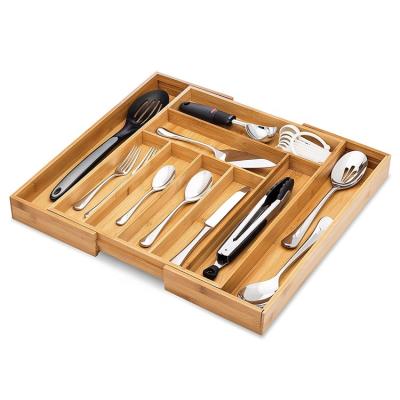 China Expandable Bamboo Knife Drawer Organizer With 8 Compartments Organizing Adjustable Cutlery Tray For Utensils Holder for sale