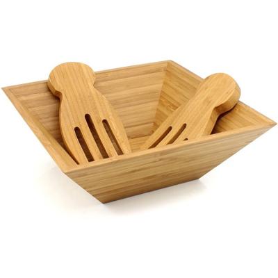 China Large Square Bamboo Salad Sustainable Customized Customized Mixing Fruit Bowl Set With Hands Salad Serving Tools for sale