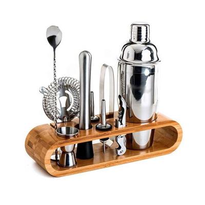 China Amazon Viable Bartender Kit and Bar Tool Kit with Bamboo Base Holder Bar Stainless Steel Cocktail Shaker Jigger Twisted Spoons Gift Set for sale