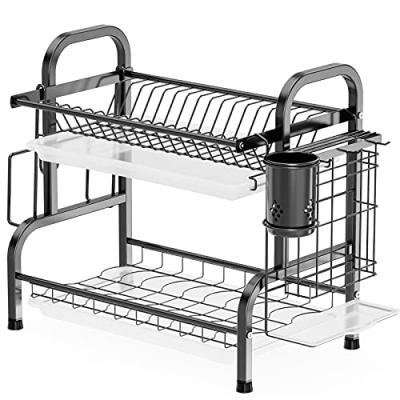 China 304 Stainless Steel 2-Tier Sustainable Dish Rack with Utensil Holder, Cutting Board Holder and Dish Drainer for Kitchen C for sale