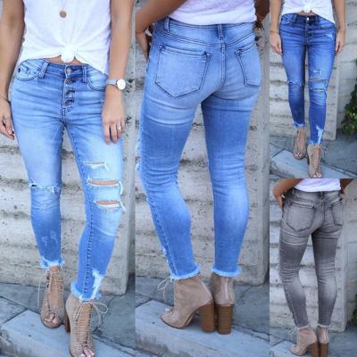 China QUICK DRY Washed Feet Pants Butt Ripped Lift Pencil Stretch Woman Skinny Jeans for sale