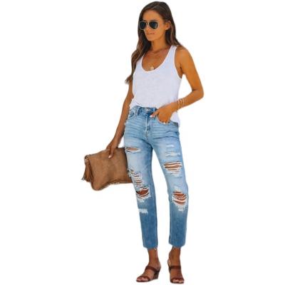 China QUICK DRY High Waist Cropped Pants Elastic Regular Tight Women Ripped Jeans for sale