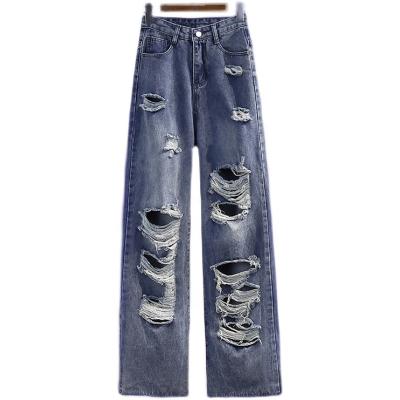 China QUICK DRY Plus Size High Waist Ripped Ladies Jeans Loose Straight Wide Leg Pants for sale