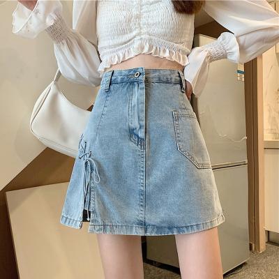 China High Waist Plus Size Summer QUICK DRY Female Denim Bandage One Hip Bag Line Split Short Jean Skirt for sale