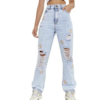 China Hot Selling QUICK DRY High Waist Denim Casual Pants Plus Size Women Jeans Simple Loose Wide-leg Ripped Jeans For Women for sale