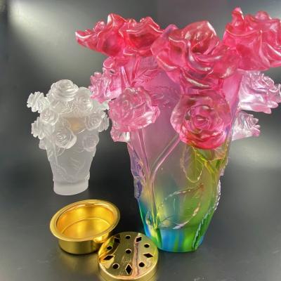 China Fine Europe handmake carved large rose crystal rose tall vase burner dish rose saucer for sale