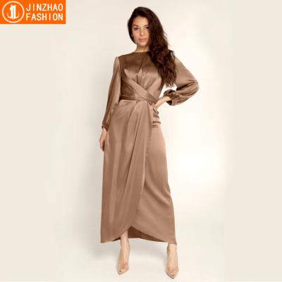 China Daily Life Women's Modest Fashion Tie Belt Satin Muslim Dress Abaya Dress in Dubai Islamic Clothing for sale