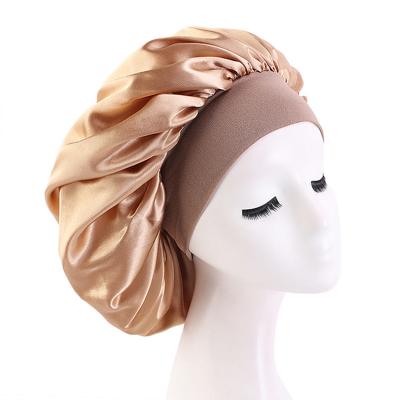 China Large Wide Brimmed Picture Night Hat Headband Satin Round Elastic Sleep Hat for sale