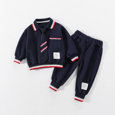 China New Solid Color Casual Loose Lapel Tie Children's Sports Sweater Two Piece Set for sale