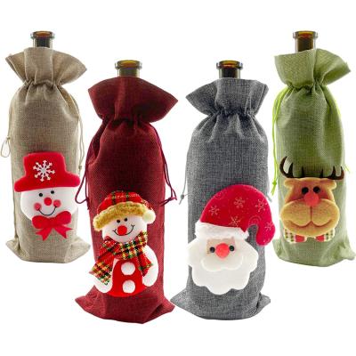 China Festival Decoration Santa Claus Snowman Reindeer Drawstring Wine Bottle Bag Christmas Gift Decor Christmas Wine Bottle Cover for Christmas Party Decor for sale