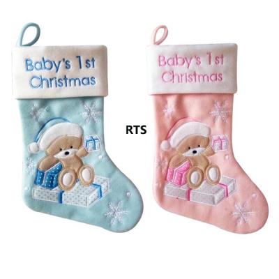 China 2022 Hot Sale Christmas Day Christmas Party Decoration Cute Pink and Blue Lovely Cute Bear Pattern Stockings for Kids and Baby First for sale