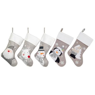 China Cute Santa Snowman Reindeer Penguin Patterns Festival Decoration Hit Plush Plaid Christmas Stocking Gray Christmas Stocking In Bulk for sale