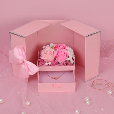 China Open door handmade high-grade double necklace rose soap flower gift box Valentine's Day birthday ornaments gift packaging box for sale