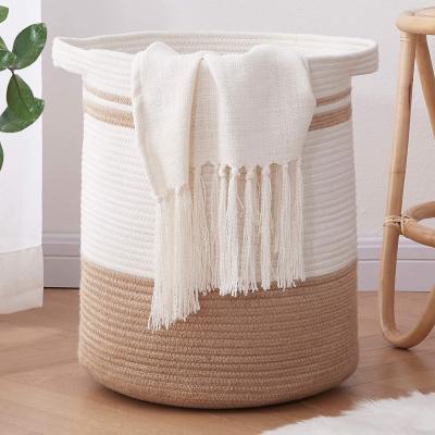 China Large Durable Woven Laundry Hamper Cotton Rope Hamper Storage Basket With Handles For Toys Throw Pillows And Towels for sale