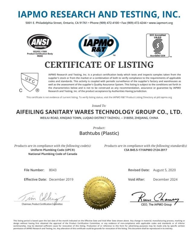 UPC - Aifeiling Sanitary Wares Technology Group Co., Ltd.