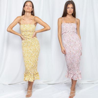 China 2021 New Arrivals Anti-Static Wholesales Custom Made Lady Wrapped Chest Dresses Women Bubbled Floral Print Summer Midi Bodycon Dress for sale