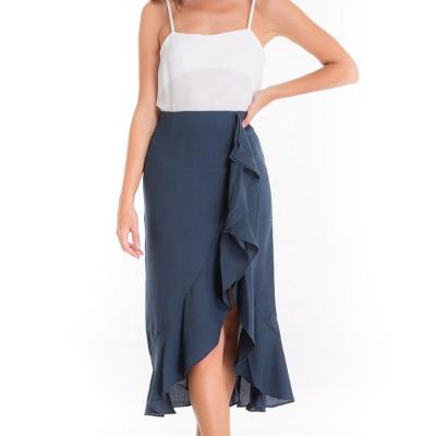 China Custom Plus Size Womens Clothing Textured Midi Skirt With Ruffle High Slit Soild Skirt for sale