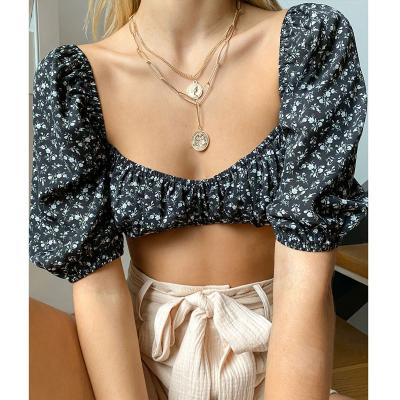 China Anti-Wrinkle Ruffle Summer Tunic Blouse Women Fashion Slim Blouse Ladies Sexy Puff Short Sleeve Crop Tops for sale