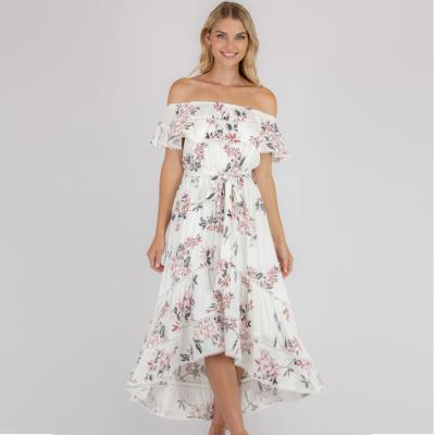 China Anti-Static Women Off The Shoulder Beach Summer Dresses Floral Print Vintage White Chiffon Maxi Dress Vestidos for sale