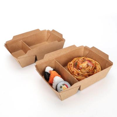 China Disposable Disposable Microwave Kraft Paper Sushi 2 Compartment Paper Safe Take Out Lunch Box for sale