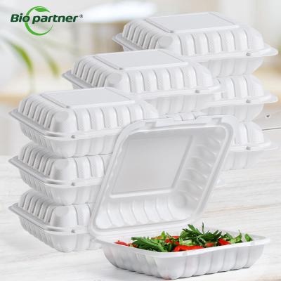 China Gepersonaliseerde grootte Maïszetmeel Voedselcontainer Hinged Clamshell Box voor Takeaway Bento Box Te koop