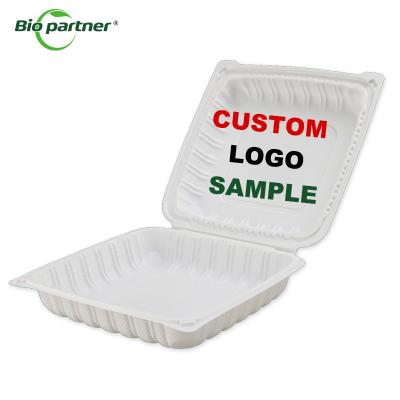 中国 Biopartner MFPP Hinged Disposable Plastic 8x8 3 Compartment Lunch Box Customized Logo 販売のため