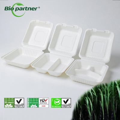 China Disposable Sugarcane Bagasse 3 Compartment Lunch Box Food Container Pulp Hinge Hamburger Box for sale