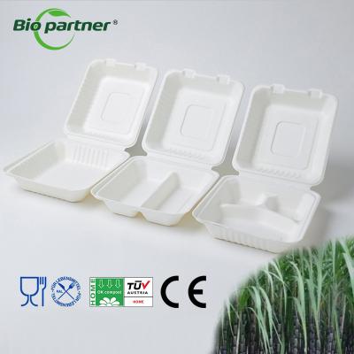 China Customized Logo Acceptable Eco-Friendly Bagasse Pulp Clamshell Lunch Box for Takeaway for sale