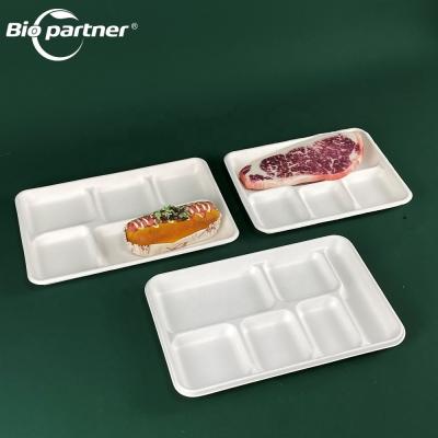 China 5 Compartment 6 Partition 730ml Sugarcane Bagasse Meat Tray for Baking Hot Dog Fish for sale