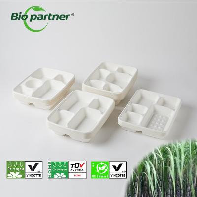 China Food Packing 4 Compartments Disposable Bagasse Plates for Fast Food School Lunch Trays for sale