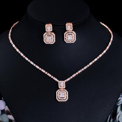 China High-grade jewelry set 2021 new jewelry retro temperament Zircon square necklace earring diamond wedding luxury accessories simple set chain for sale