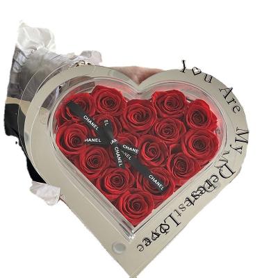 China Preserved Rose Valentine's Valentine Day Rich Style Soap Flower For Decoration And Gift Heart Shape Acrylic Eternal Preserved Rose Box for sale