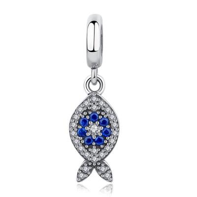 China European Popular Cute 925 Sterling Silver Accessories Sale Lucky Fish With Blue Diamond Designer Charm Pendant Fit Bracelets for sale