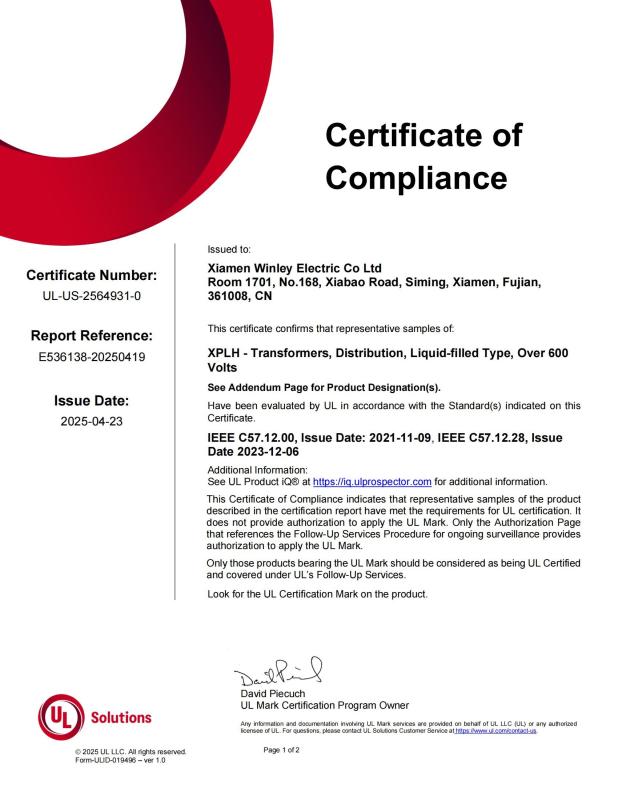 UL certificate - Xiamen Winley Electric Co.,Ltd