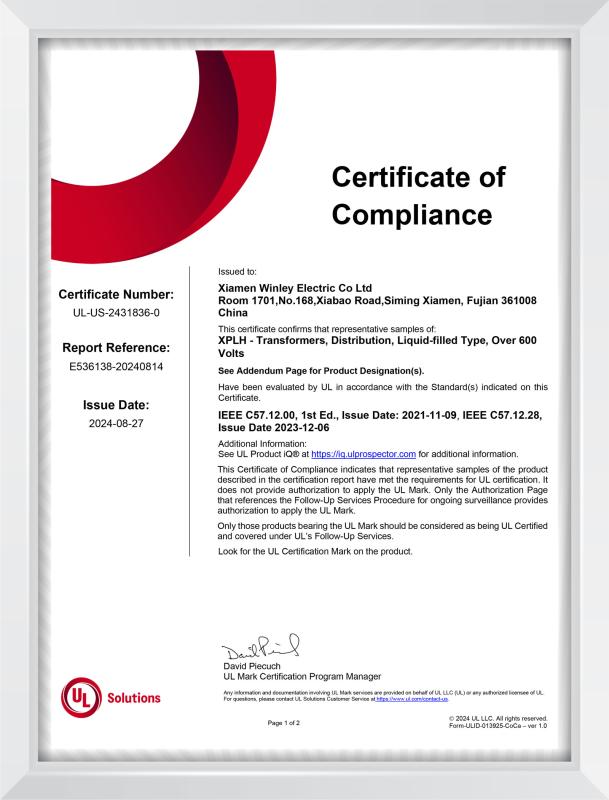 UL certificate - Xiamen Winley Electric Co.,Ltd