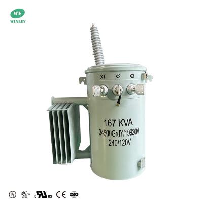 China ANSI Standard Single Phase Oil Immersed Distribution Transformers 167KVA  34500V To 120V Dual Windings for sale