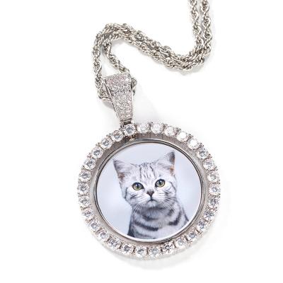 China Custom Photo Hiphop Spinning Double Sided Lockets Pendant Necklace With 4mm Tennis Zircon Chains Mens Hip Hop Jewelry for sale