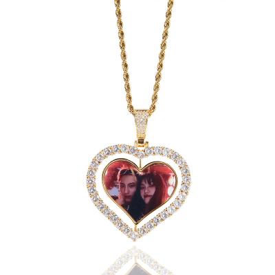 China Hiphop Photo Heart Shape Custom Spin Locket Double Sided Pendant Necklace With 4mm Tennis Zircon Chain Hip Hop Jewelry for sale