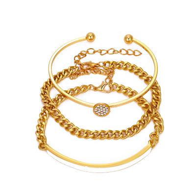 China 3PCS/Set Retro Simple Geometric Hyperbola Bangle For Women Adjustable Zircon Gold Color Circle Bangle Bracelet Set Jewelry for sale