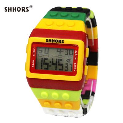 China Day/date shhors colored electronic watch building block luminous children's plastic men's watch for sale