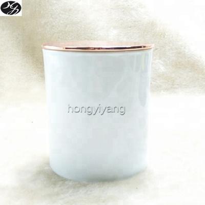 China Home Decoration 10 Ounce Candle Jar White Glass With Rose Gold Plated Lid For Candle for sale