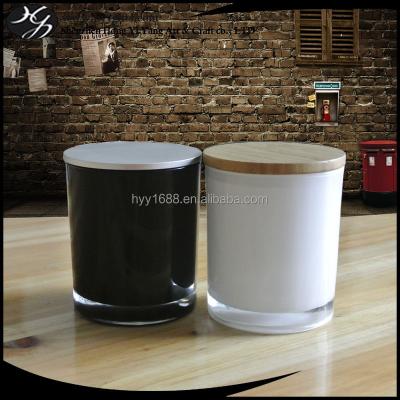 China Home decoration 10 oz transparent white glass candle jar with wooden lids 300ml for sale